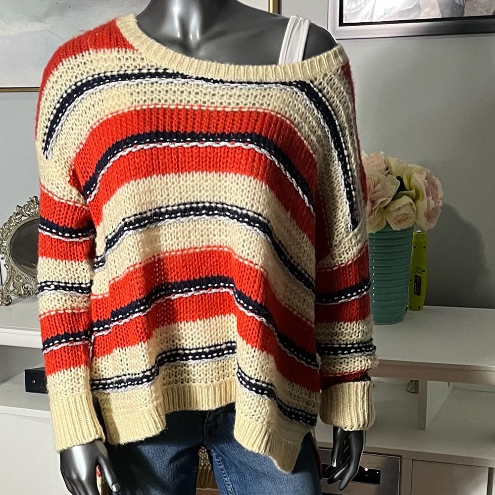 NWT Cecio Francesca's Cream Red Knit Striped Sweater Size L